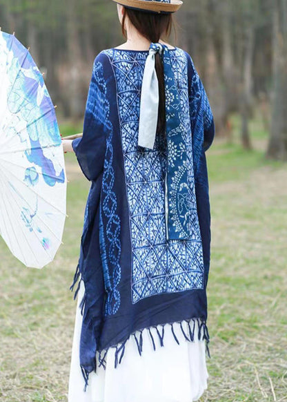 Blue Asymmetrical Design Tassel Print Linen Tops Batwing Sleeve