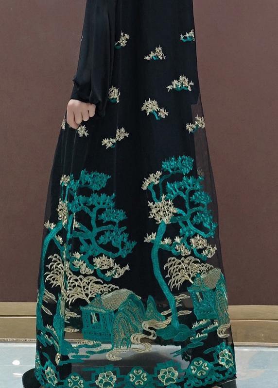 Modern Black Embroidery Dresses Stand Collar Patchwork Tulle Vestidos De Lino Spring Dress