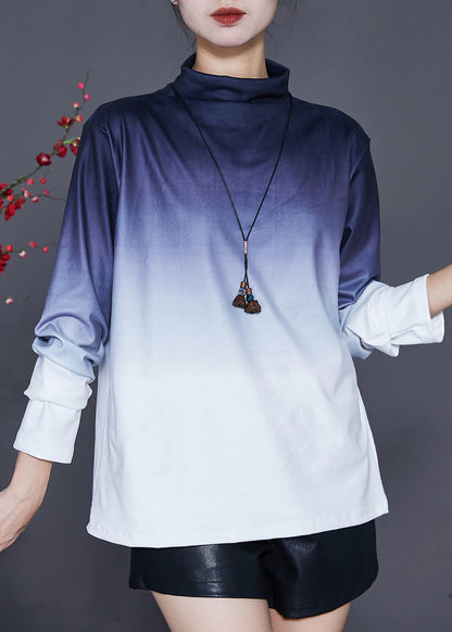 Navy Turtle Neck Gradient Color Cotton Shirt Tops Spring