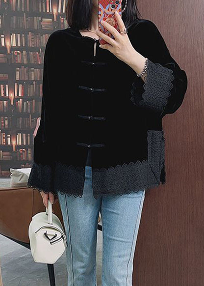 Black O-neck Silk Velour Coats Fall