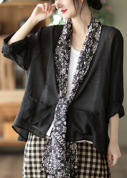 Black Turtle Neck Patchwork Linen Upf 50+ Coat Long Sleeve