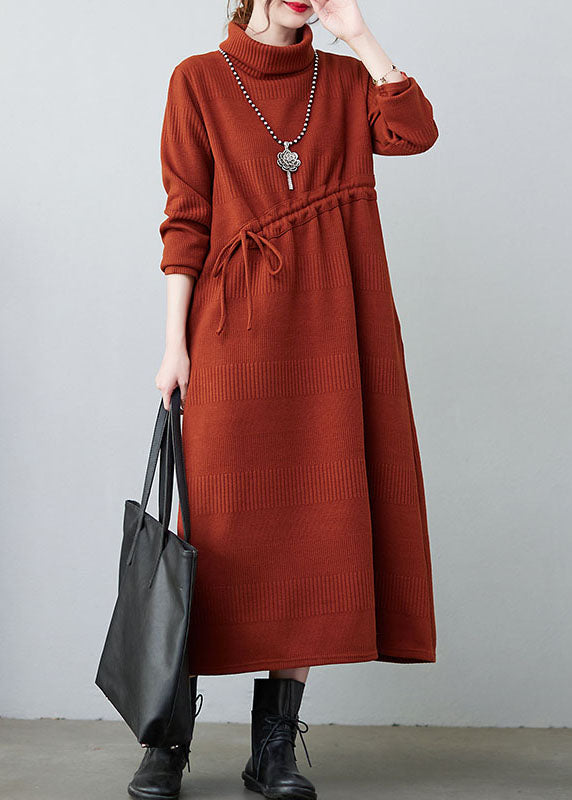 Caramel Drawstring Knit Loose Dresses Winter