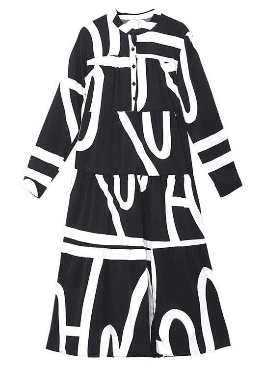 Loose Black Button Patchwork Print Fall Long Sleeve Long Dresses