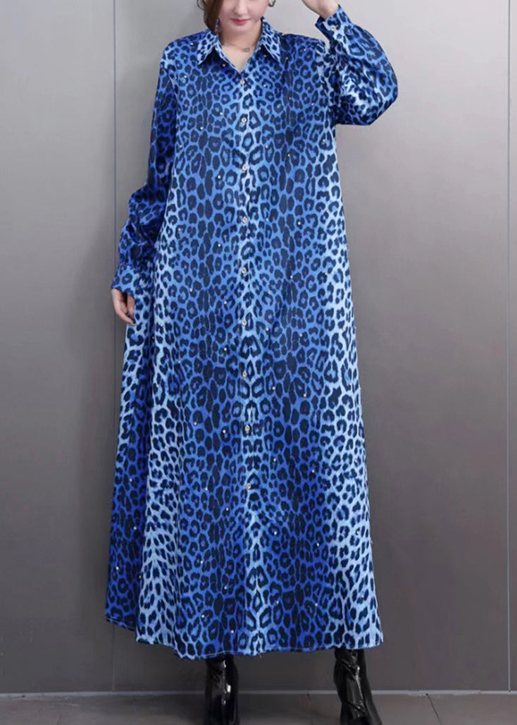 Modern Blue Leopard Print Button Maxi Shirts Dress Lantern Sleeve Fall