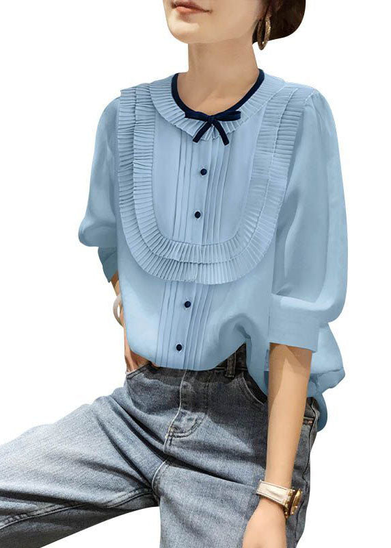 Blue O-neck Patchwork Bow Wrinkled Chiffon Shirt Bracelet Sleeve Summer