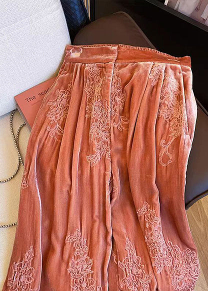 Orange Embroidered Elastic Waist Velvet Pants Spring