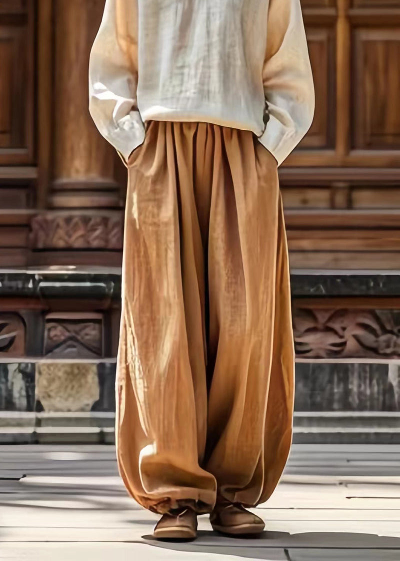 Khaki Pockets Tie Waist Wide Leg Pants Summer