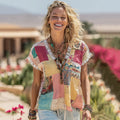 Women's Vintage Floral Color Block Linen Short Sleeve T-shirt artswardrobe