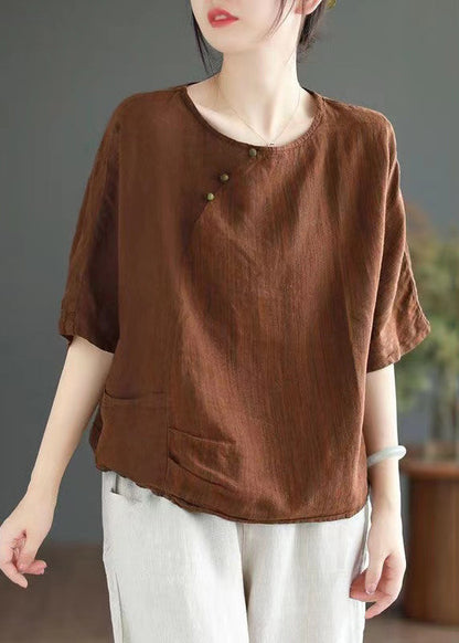 Versatile Coffee O Neck Linen T Shirts Half Sleeve
