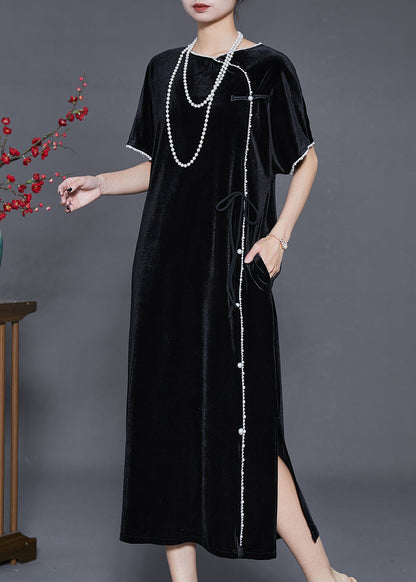Fine Black Nail Bead Silk Velour Oriental Dresses Summer