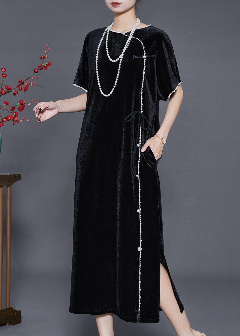 Fine Black Nail Bead Silk Velour Oriental Dresses Summer