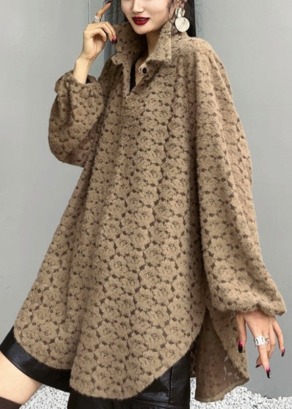 Orange Peter Pan Collar Print Side Open Shirts Long Sleeve