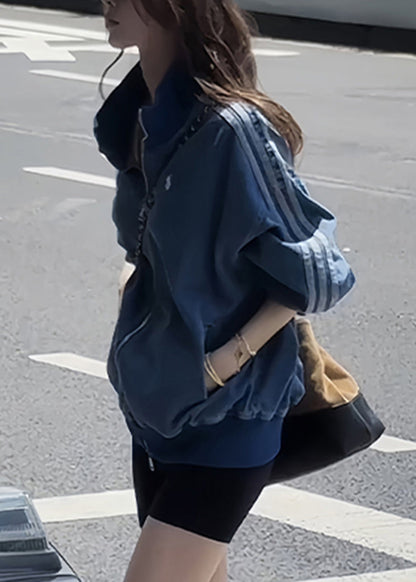Blue Zip Up Striped Pockets Denim Coats Fall