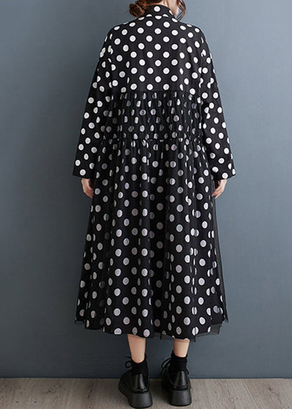 French Black Peter Pan Collar Dot Bow Patchwork Cotton Dresses Fall