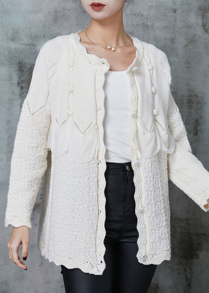 White Ruffles Patchwork Knit Coat Outwear Spring