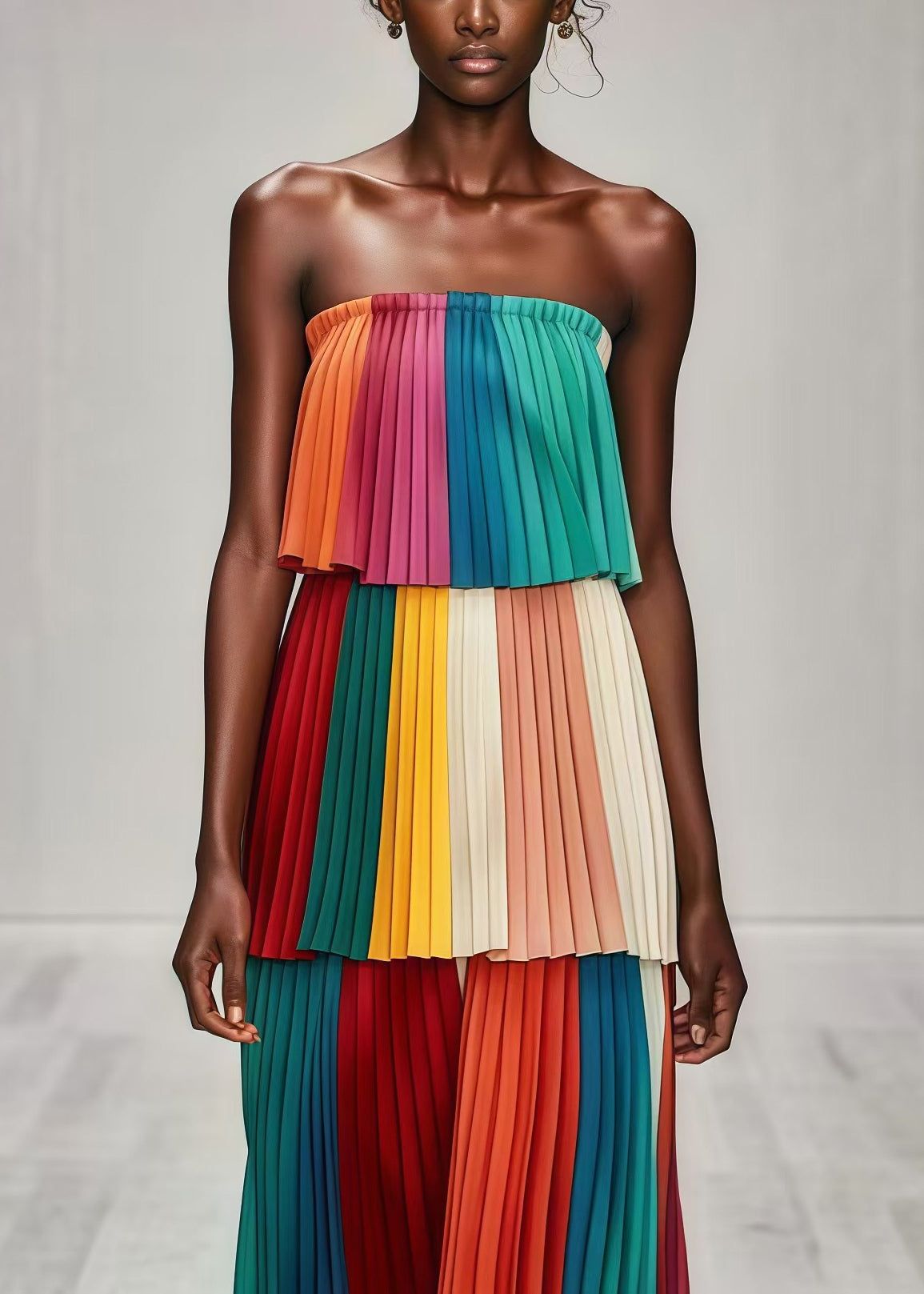 Multicolor Layered Wrinkled Chiffon Strapless Dress Summer