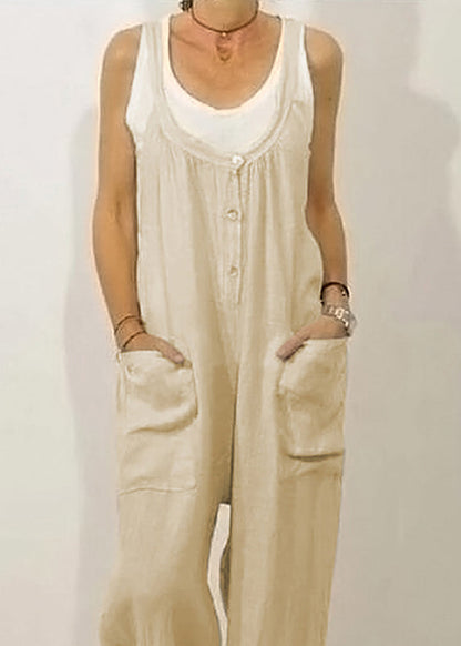 Khaki O-neck Button Jumpsuits Sleeveless
