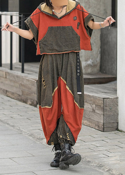 Colorblock Red Hooded Drawstring Patchwork Hole Tops and Harm Pants Two Pieces Set Short Sleeve