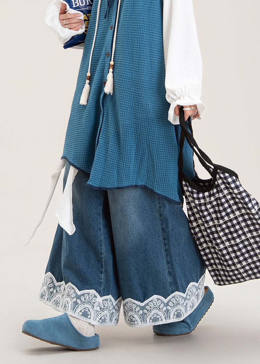 Blue Oversized Patchwork Lace Denim Wide Leg Pants Spring