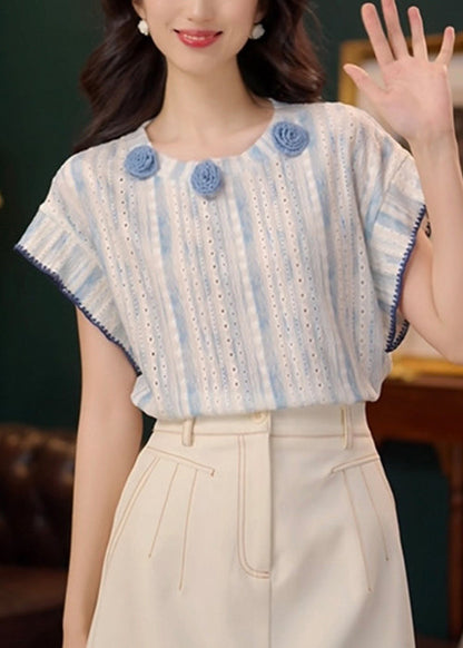 Art Blue Hollow Out Cotton T Shirt Summer