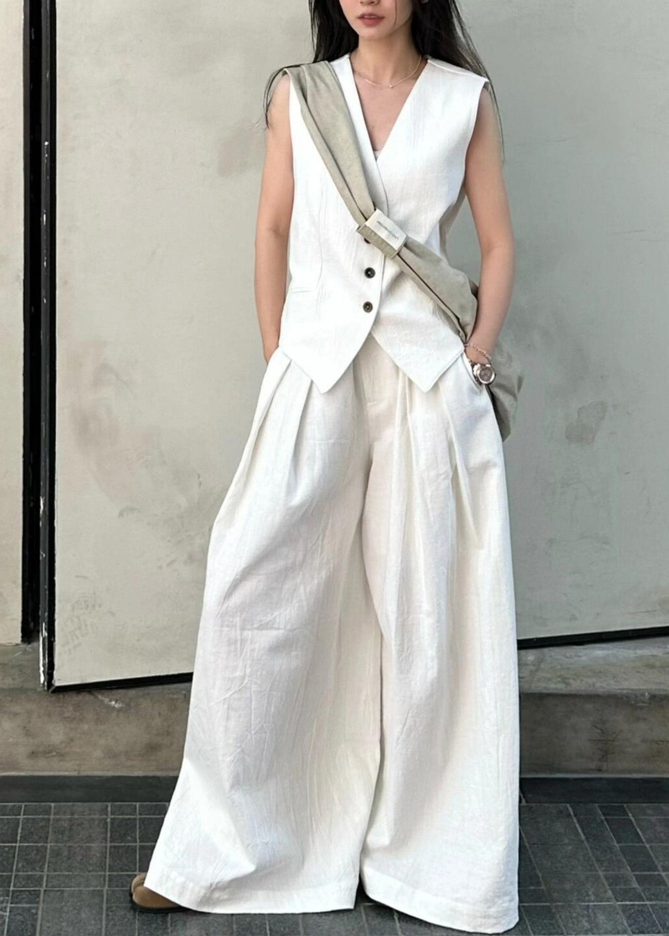 Vogue White V Neck Button Linen Waistcoat and Wide Leg Pants Two Piece Set Summer