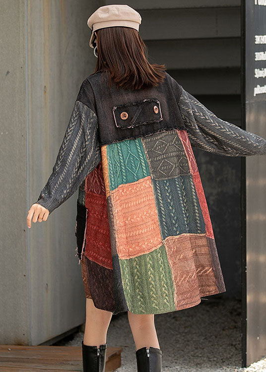 Handmade Denim Patchwork Knit Peterpan Collar Pockets Fall Long Sleeve Coat
