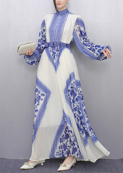 Blue Tunic Print Chiffon Pleated Dresses Summer