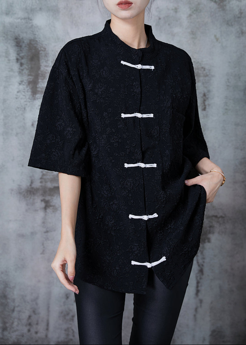 Black Jacquard Loose Silk Shirt Top Chinese Button Summer