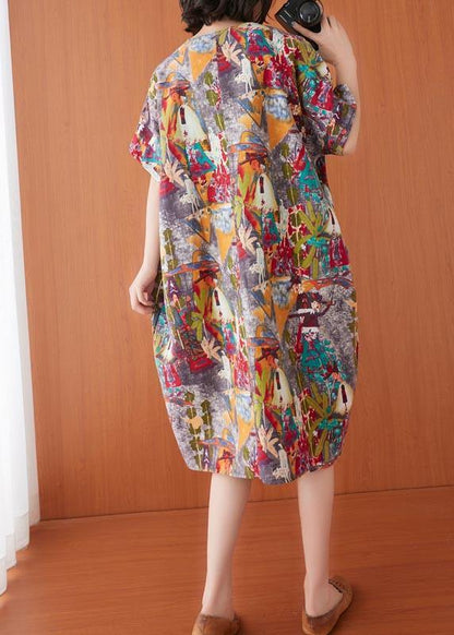 Print O-neck Cotton Linen Party Dress Summer