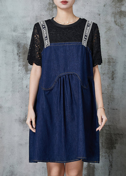 Navy Patchwork Denim Fake Two Piece Dress Summer
