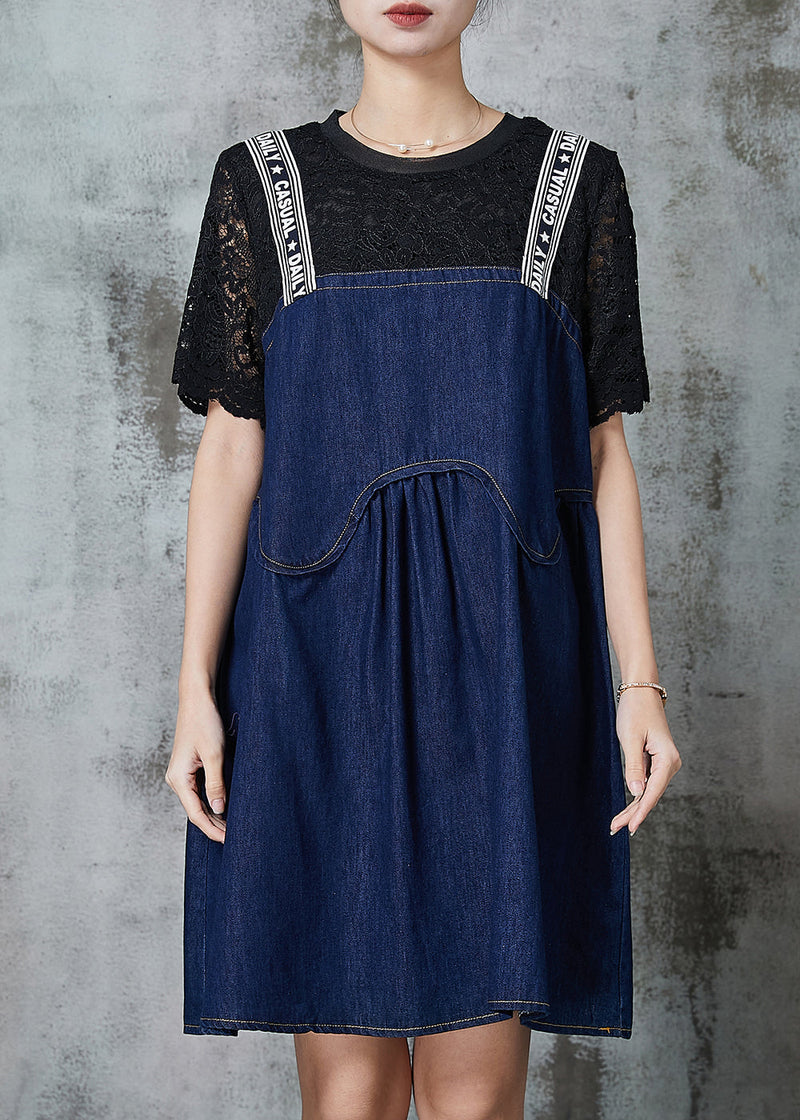 Navy Patchwork Denim Fake Two Piece Dress Summer