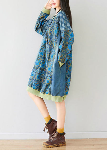 Style Blue O-neck Print Patchwork Dress Spring