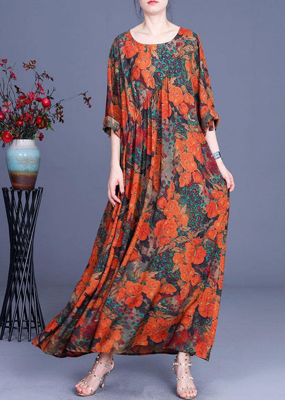 Orange Print O-neck Asymmetrical Design Summer Silk Long Dresses