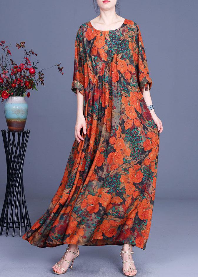 Orange Print O-neck Asymmetrical Design Summer Silk Long Dresses