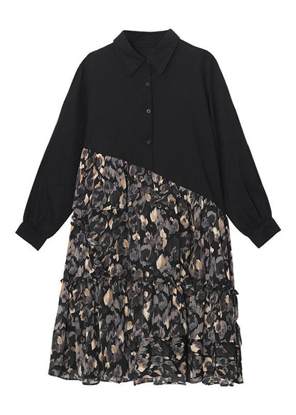 Classy Black Patchwork Button a Line Fall Long Sleeve Shirts Dress