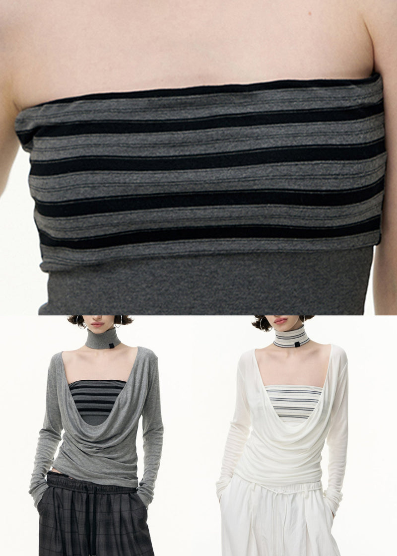 White Striped Slim Fit Cotton Two Pieces Set V Neck