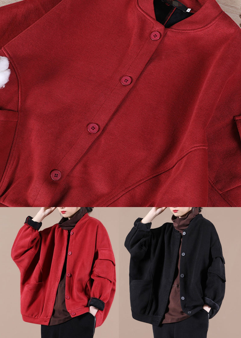 Red Stand Collar Pockets Warm Fleece Jacket Winter