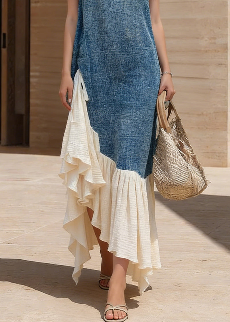 French Blue Lace Up Wrinkled Patchwork Denim Dresses Sleeveless