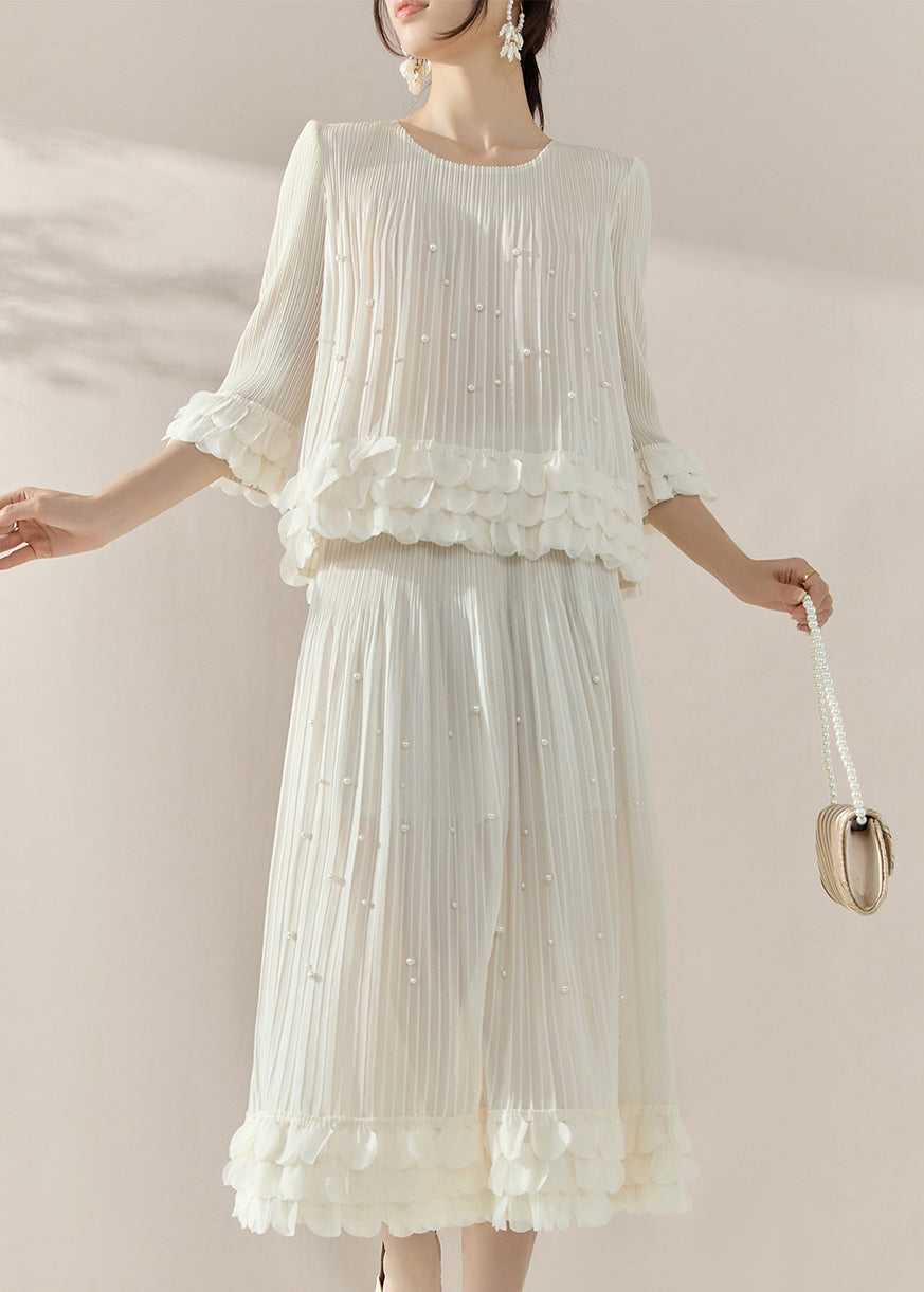 French White Nail Bead Silk Cotton Top and Maxi Skirts Two Piece Set Half Sleeve