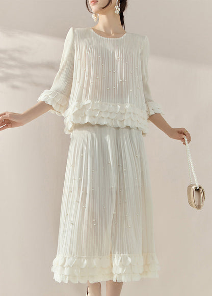 French White Nail Bead Silk Cotton Top and Maxi Skirts Two Piece Set Half Sleeve