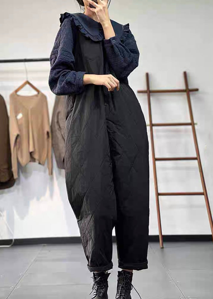 Versatile Green Coffee Button Fine Cotton Filled Jumpsuit Winter
