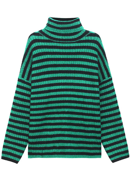 Organic Green Turtleneck Striped Cozy Fall Knit Sweater