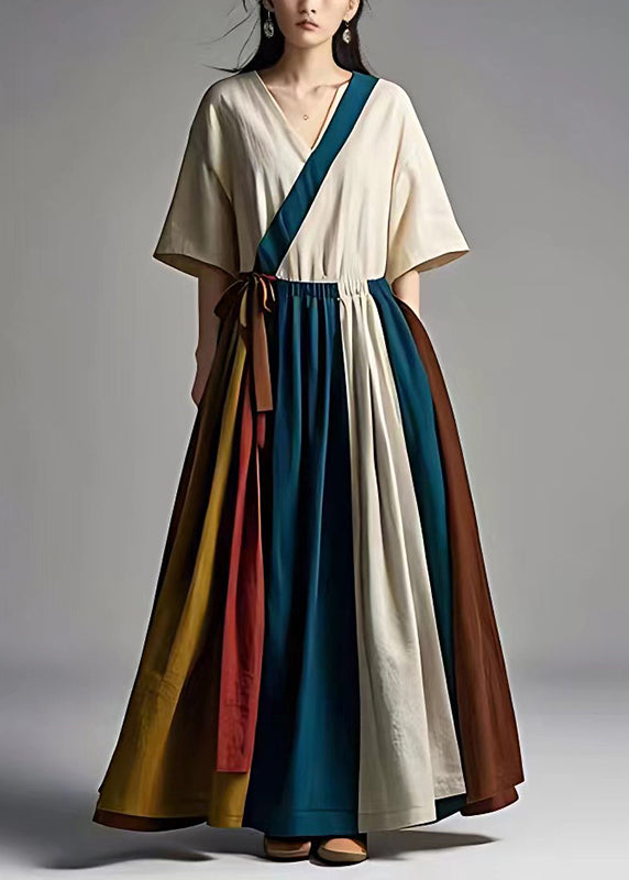 Style White Cinched Patchwork Cotton Dresses Summer