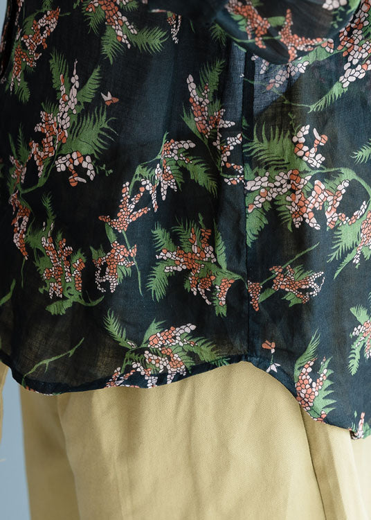 Black Print Button Linen Shirt Tops Spring