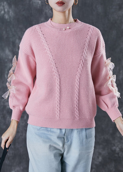 Diy Pink Thick Patchwork Bow Knit Sweater Winter