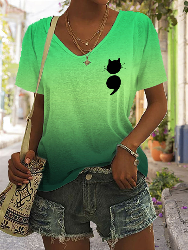 Cat Semicolon Mental Health Awareness V Neck T Shirt elevenforest