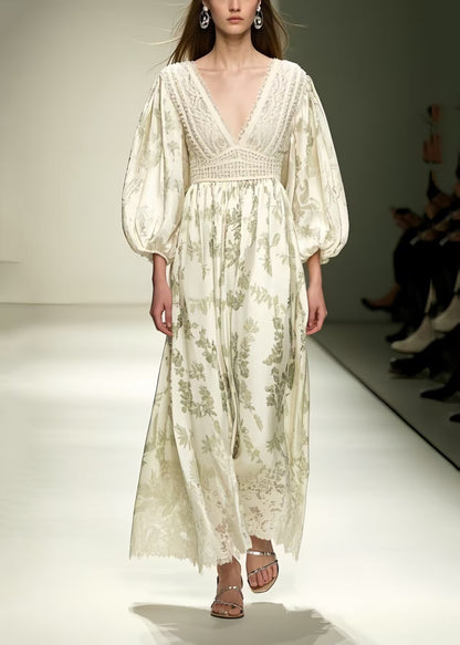 Fitted Beige V Neck Print Silk Vacation Dresses Lantern Sleeve Summer