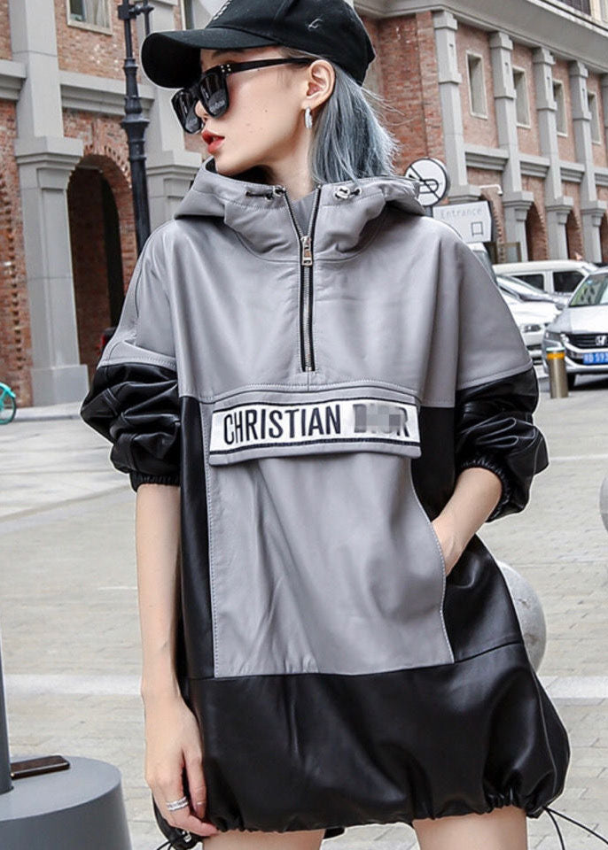 Black Grey Hooded Patchwork Drawstring Leather Pullover Coats Long Sleeve