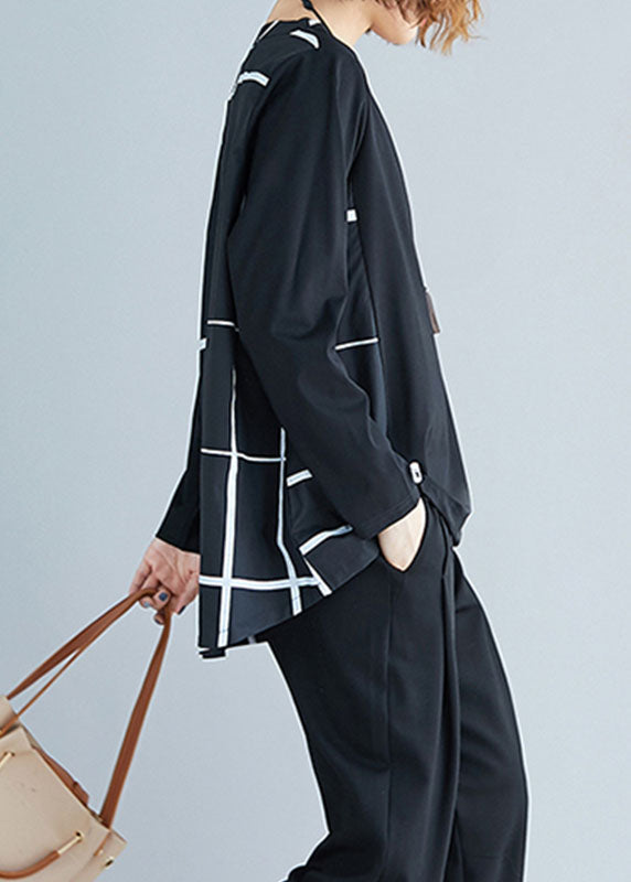 Stylish Black O-neck Drawstring Patchwork Plaid Cotton Loose Sweatshirts Top Spring