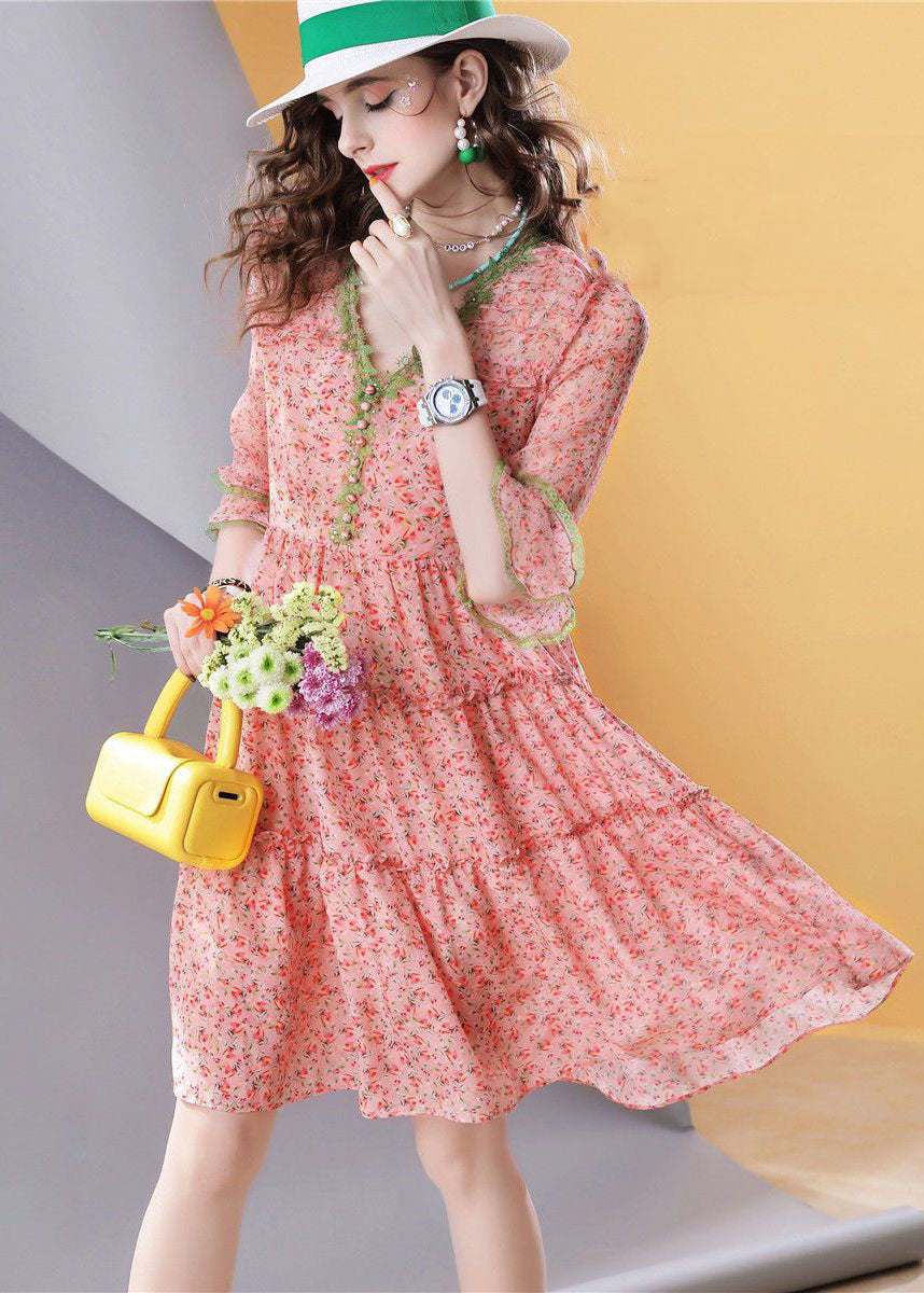 Stylish Pink V Neck Nail Bead Print Silk Mid Dresses Summer